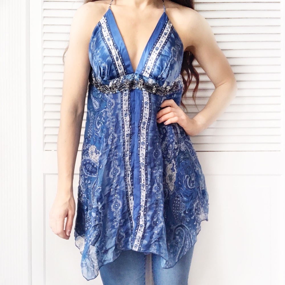Single Blue Silk Spaghetti Strap Mini Dress NWOT